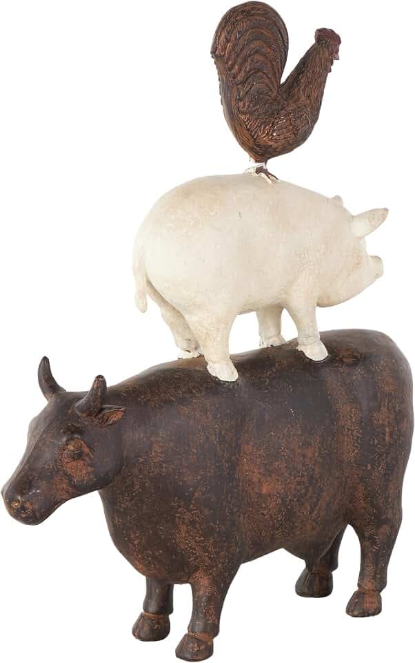 Deco 79 Polystone Farm Animals Decorative Sculpture Stacked Home Decor Statue, Accent Figurine 10" x 3" x 14", Brown