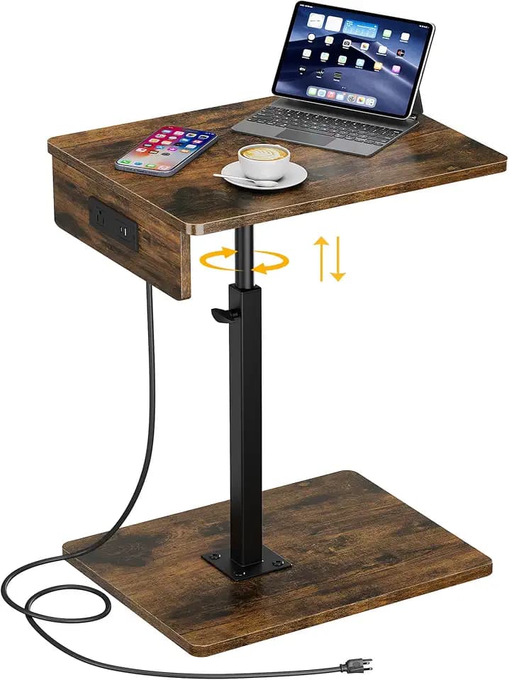 C Shaped End Table with Charging Station, Adjustable Height C Table End Table, 360°Swivel TV Tray Table for Small Spaces, Rounded Corners Couch Table, Side Tables Living Room for Sofa,Chair,Snack,Bed