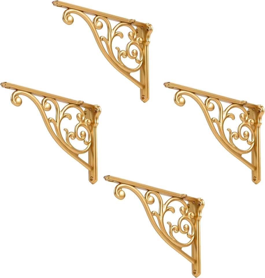 Shelf Brackets 6 Inch 4 Pack Heavy Duty Antique Gold Wall Bracket Victorian Kitchen Decorative Rack Shelves, Shelf Bracket Available in 8 finishes. (4, Antique Gold)