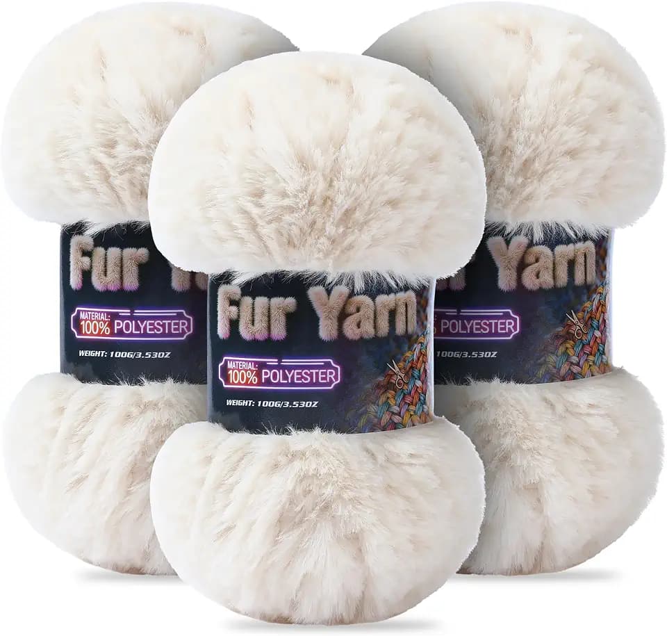 Faux Fur Yarn Soft Fluffy for Crocheting - 3 Skeins(Each 3.5oz/100g, 71yd/65m) - Chunky & Fluffy Yarn for Crochet Amigurumi, Blankets, Hand Knitting, Scarves &Crafts (3, Beige)