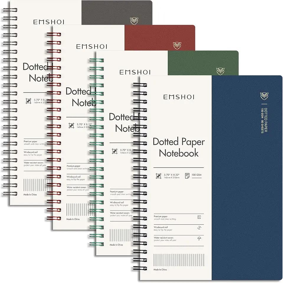 EMSHOI Dotted Spiral Journal Notebook, 4 Pack, 640 Pages, A5 (5.7" x 8.2")