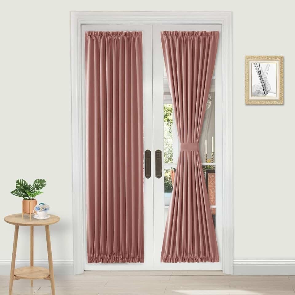 DWCN French Door Curtains – Rod Pocket Thermal Blackout Curtain for Window/Patio Doors/Doorways/Classroom/Kitchen for Privacy, 25W by 72L Inches, 1 Panel with Tieback, Dry Rose