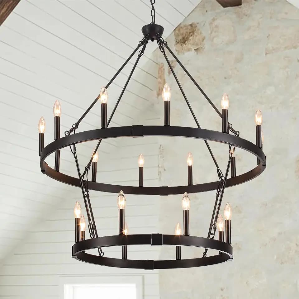 20 Light 2 Tier Black Wagon Wheel Chandelier, 38.19" Farmhouse Chandelier
