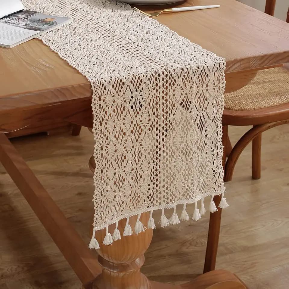 meioro Mesh Woven Table Runners, 12x64 Inch Boho Cotton Table Runner with Tassels, Farmhouse Rustic Table Decorations 64 Inches Long, Lace Braided Home Decor for Kitchen Dining Birthday Party