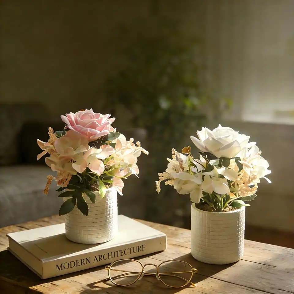 Artificial Roses, 2 Pack White and Pink Faux Rose Flowers in Plastic Pots, Real Touch Rose Stems for Home Wedding Decor