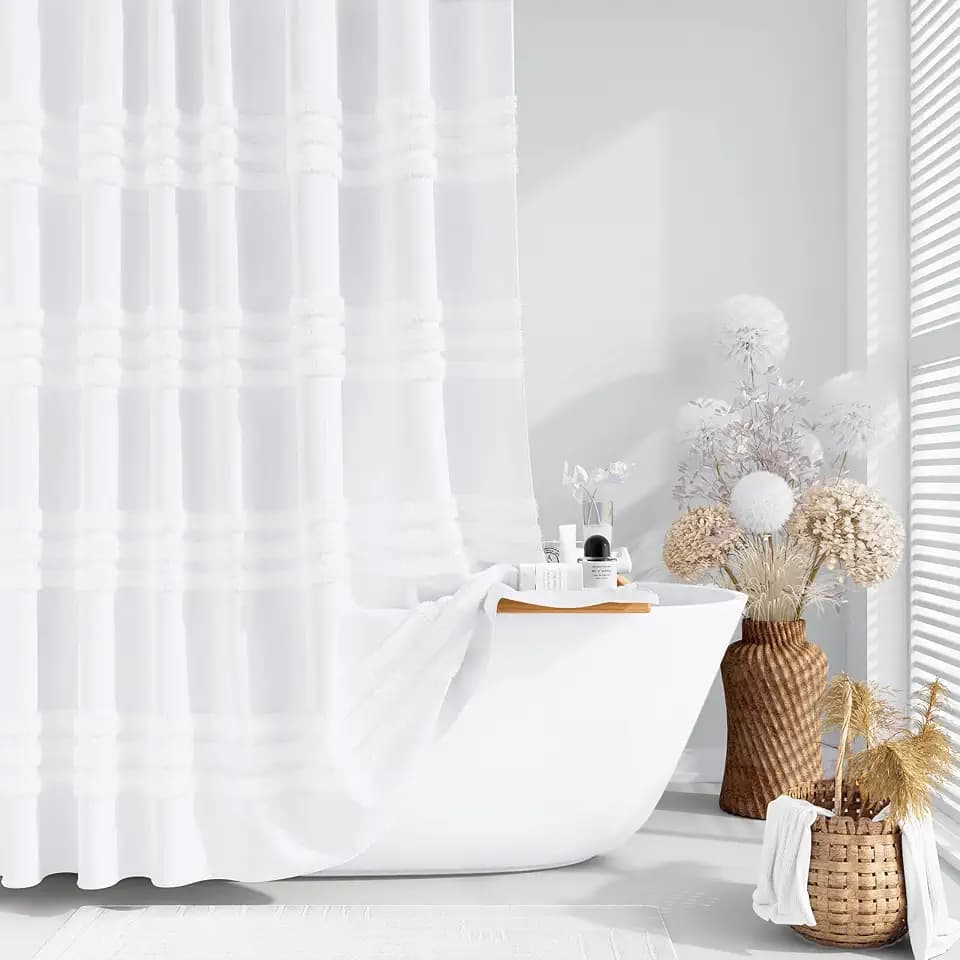 Dynamene Extra Long Shower Curtain Chenille Striped Fabric 72"x84" White