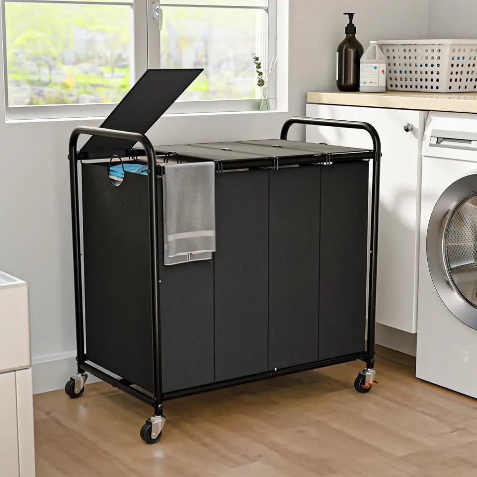 Laundry Sorter 4 Sections 48 Gal, Rolling Laundry Basket with Wheels & Lid