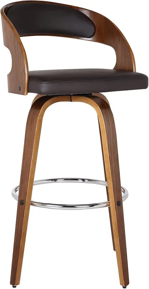 Armen Living Shelly 26" Seat Height Mid Century Modern Swivel Bar Stool for Kitchen Island Counter in Brown Faux Leather and Walnut Wood