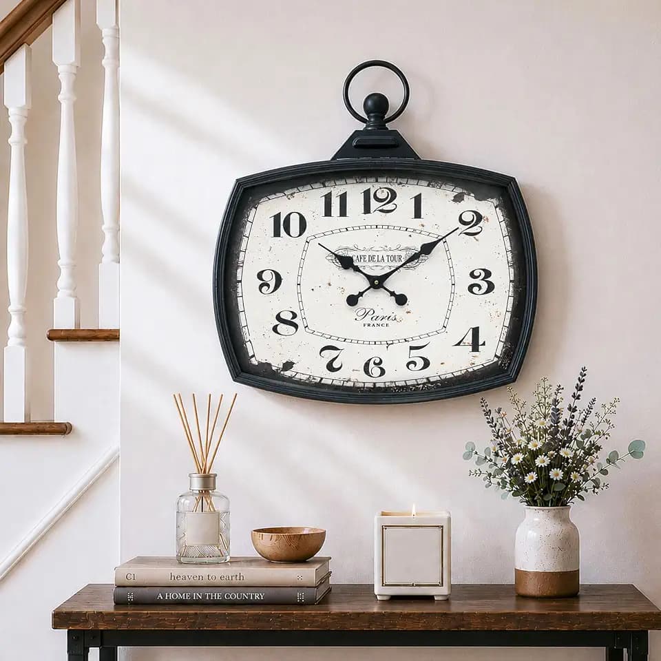 Large Farmhouse Wall Clock, Vintage Metal Rectangle Silent Battery Operated Wall Clock, Antique Old Design Style, Wall Clocks for Living Room,Kitchen,Bedroom,Office (25" H x 24" W)-Black