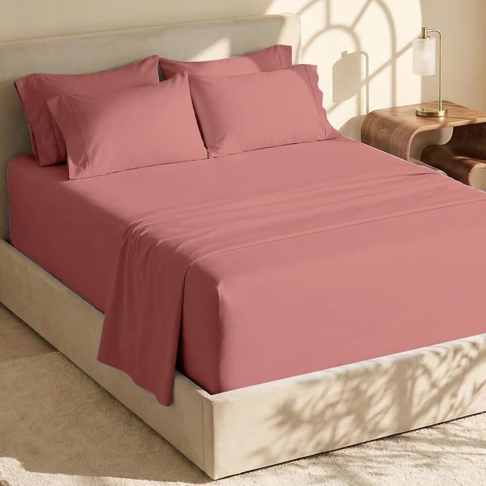 Hearth & Harbor Extra Deep Pocket King Size Sets - Fits Mattress 18-24 Inches Deep - Extra Deep Pocket Sheets - 6 Piece King Size - Misty Rose