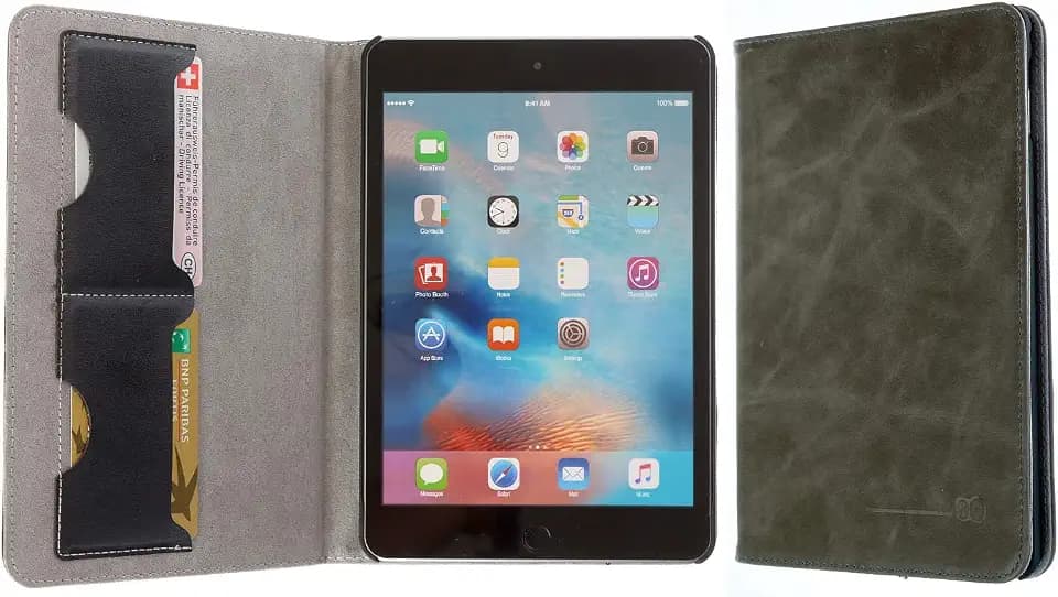 3Q Luxus Apple iPad mini 4 Hülle Echt-Leder. Elegante Leder-Tasche iPad 4 Case Etui mit Fächern für Kreditkarte Ausweis Visitenkarte Schweizer Premium Design und Verpackung Cover Grau