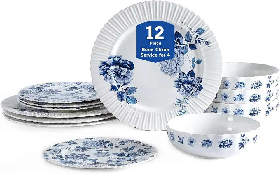 Stone Lain Fiore 12-Piece Dinnerware Set New Bone China, Blue
