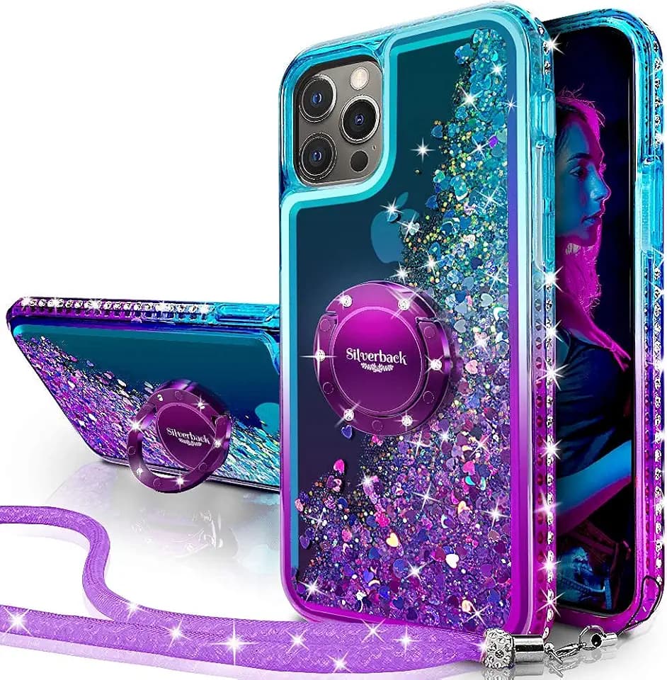Miss Arts für iPhone 13 Pro Max Hülle, Glitzer Handyhülle mit Ring & Band