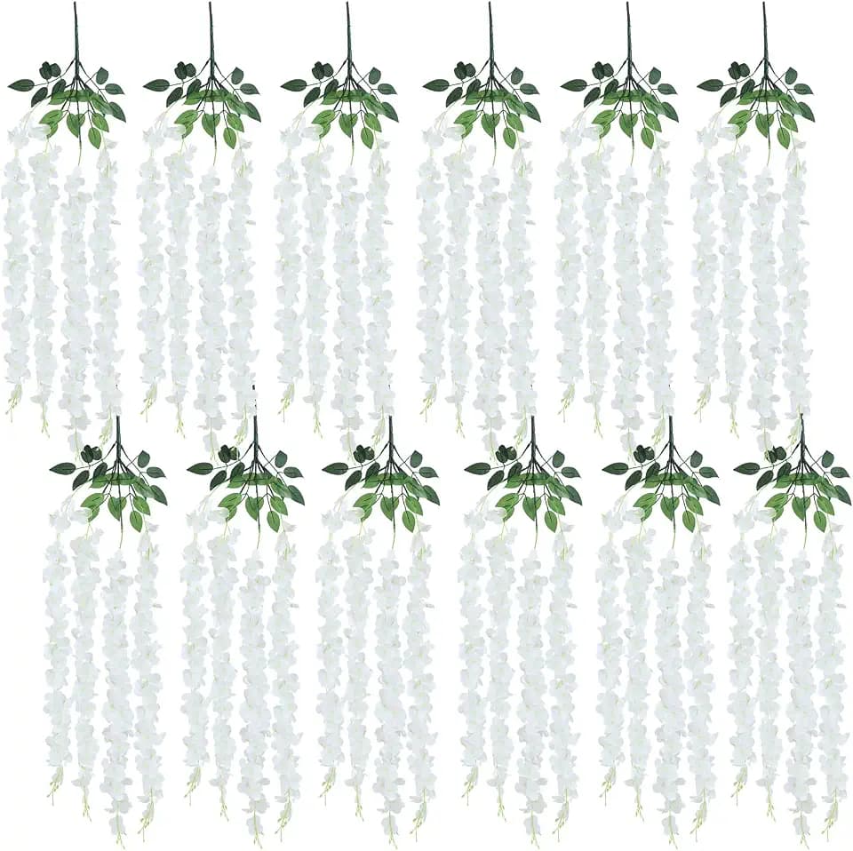 12 Pack Artificial Wisteria Flowers, Individually Wrapped, Tangle-Free Fake Hanging Vine Silk Flowers for Home Garden Wedding Party Decorations, Indoor Outdoor Wall Decor (White)