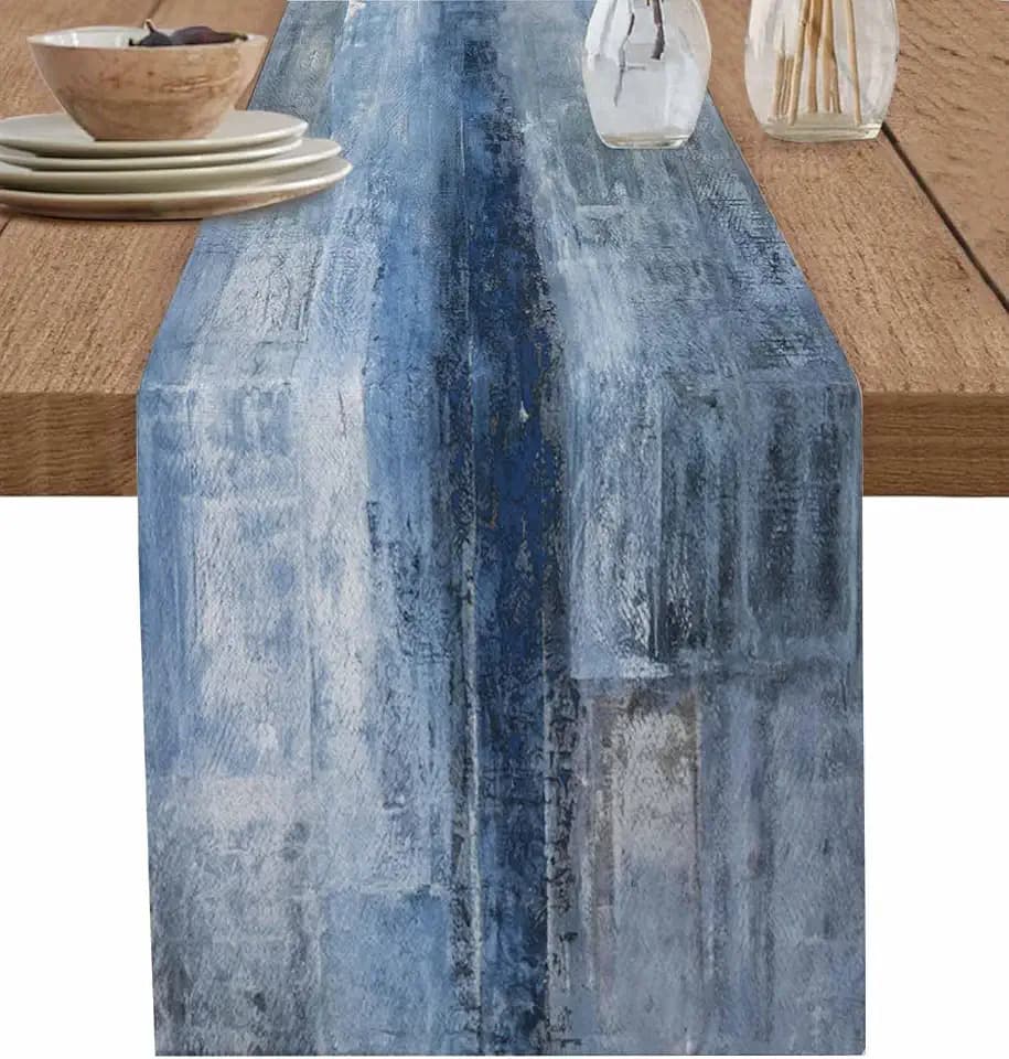 Burlap Linen Table Runner - 90 Inch Long, Retro Rustic Art Abstract Modern Decor Kitchen Dining Table Runner Dresser Scarves, Blue Ombre Painting Farmhouse Decor for Coffee Table Wedding Party Banquet