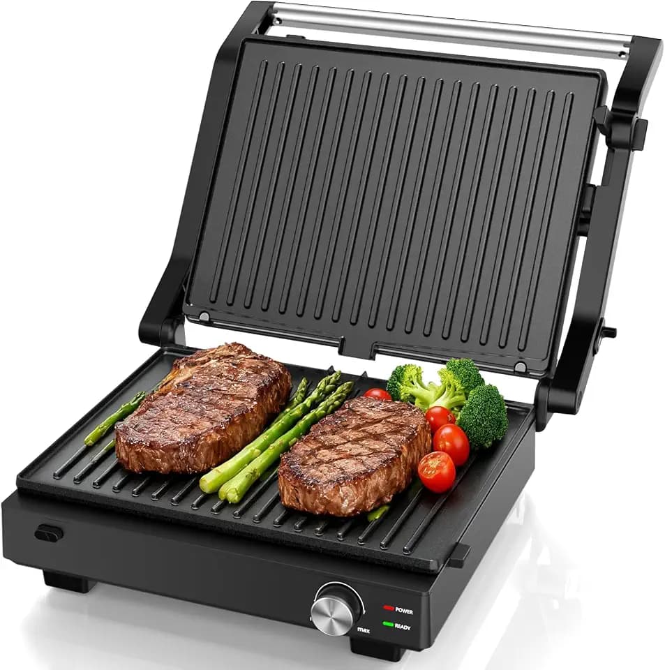 Electric Indoor Grill, 14'' Panini Press Grill, 1600W Electric Grill for Steak, Burger, Sandwich, 450℉ Dual Cooking Plates, 180° Flat Griddle, Removable Non-stick Grill & Drip Tray, Dishwasher Safe