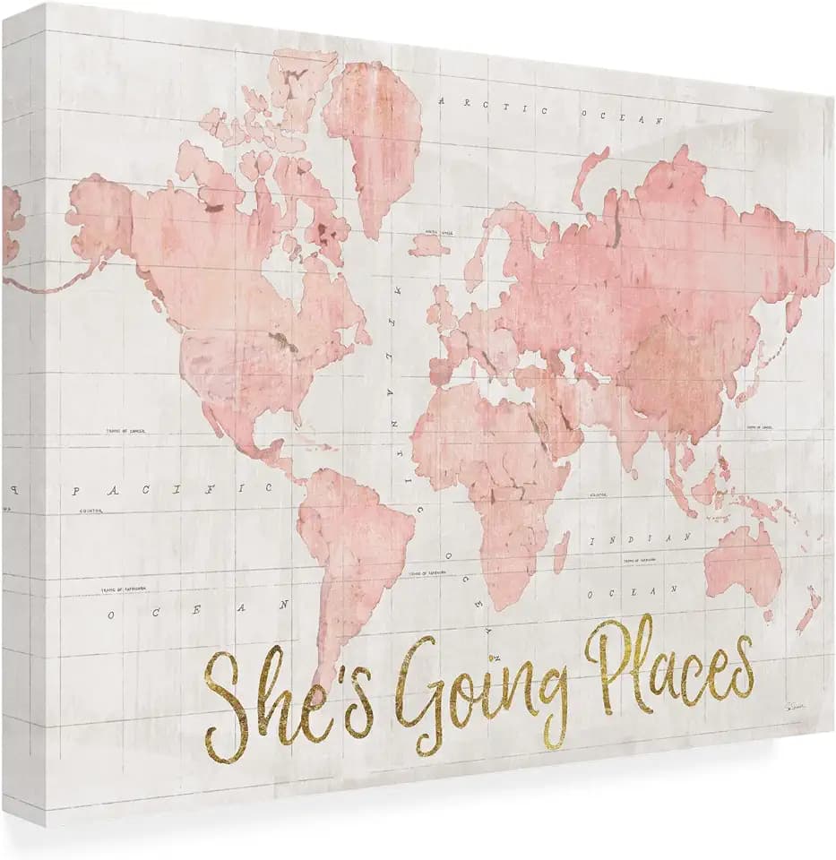 Wrapped Canvas Wall Art - Sue Schlabach 'Across The World Shes Going Places Pink' Wall Art for Living Room, Bedroom, or Office Décor - 35x47