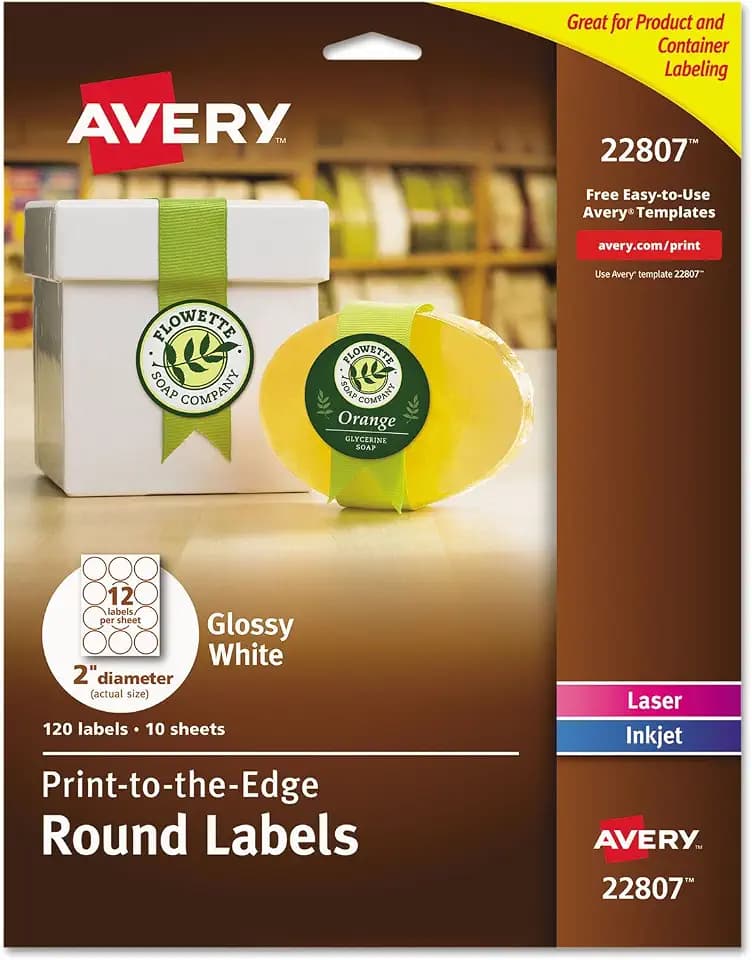 Avery® Printable Round Labels, Sure Feed® Technology, Glossy White Labels, 2" Diameter, Permanent Adhesive, Laser/Inkjet, 120 Total (22807)