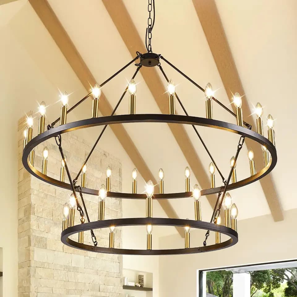 WJShome 36-Lights 2 Tier Wagon Wheel Chandelier, 47 Inch Large Chandeliers for High Ceilings, Farmhouse Dining Room Light Fixture, Black and Gold Round Chandeliers, for Foyer Staircase Entryway