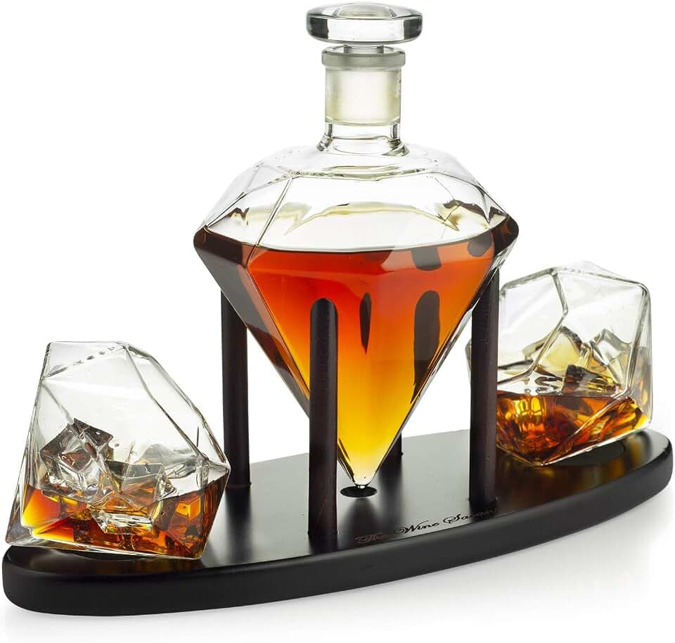 Diamond Whiskey Decanter with 2 Diamond Glasses Set, 750ml Clear Liquor Carafe & 10oz Tilted Tumblers for Scotch Rum Bourbon Vodka Tequila, Unique Home Bar Decor, Luxury Gift Men Women