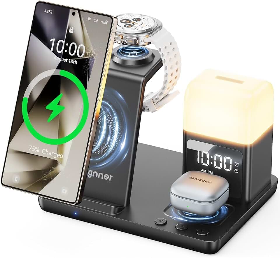 6 in1 Upgradierter Induktive Ladestation für Samsung mit Wecker & 3-Farben-Licht | Wireless Charger Stand 15W Schnellladung für Galaxy S25 S24 Z Fold6 Flip Note Galaxy Watch Ultra/6/5 Pro Galaxy Buds
