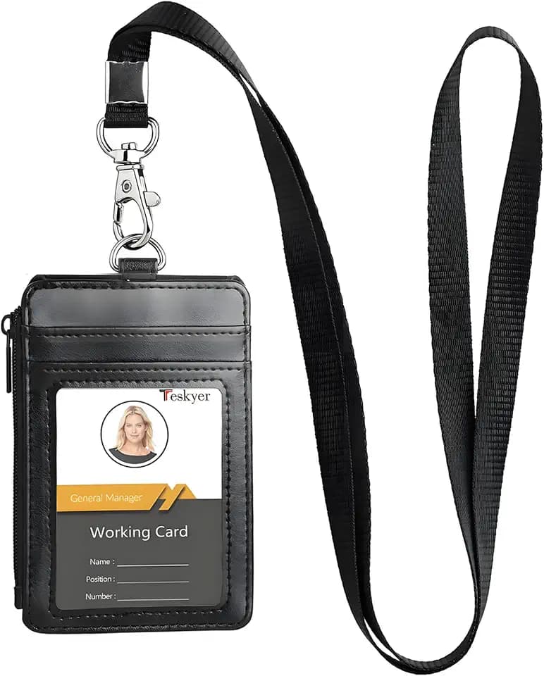Teskyer Leather ID Badge Holder with Lanyard, Lanyard Wallet, Black