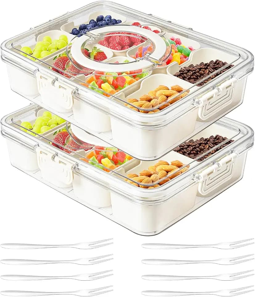 Dunruz Snackle Box Container,Portable Snack Box 8 Compartment Divided Serving Tray with Lid,Clear Storage Organizer for Fruit Candy Nuts Veggie-Perfect for Road Travel Party,Not Dishwasher Safe