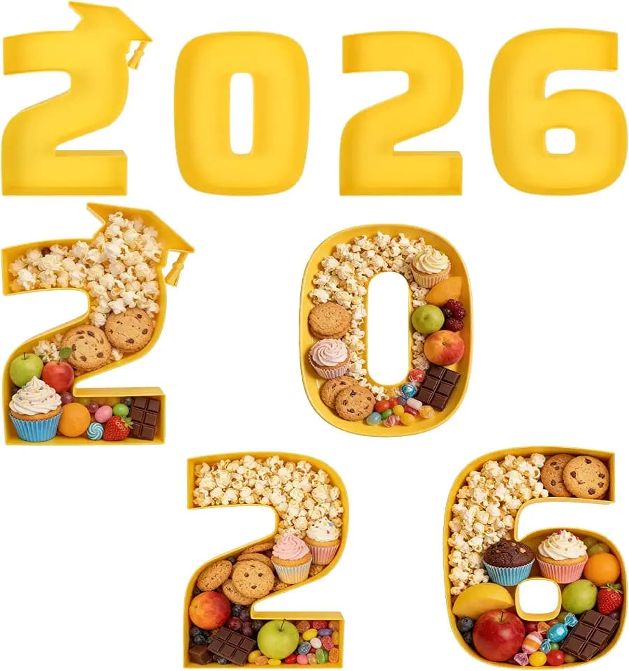 4 Pcs 2026 Charcuterie Numbers Fillable, Graduation Food Trays 13.7 Inch Large Disposable Plastic Mache Box Candy Cookie Chocolate Tray Container for Grad Party Decorations Supplies (Yellow, 2026)
