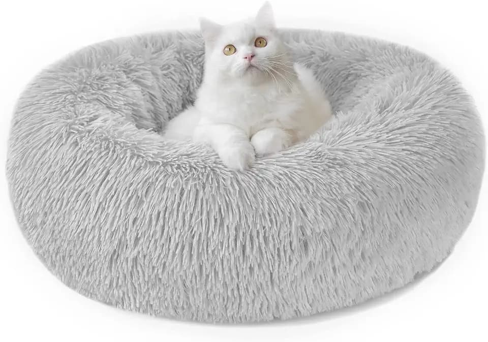 Nepfaivy Katzenbett Hundebett Flauschig Rund - Donut Kuscheliges Katzenkissen Katzenkorb Waschbar S/M/L/XL/XXL für Kleine, Mittelgroße und Große Katzen, Hunde und Andere Haustiere (M-50cm, Hellgrau)