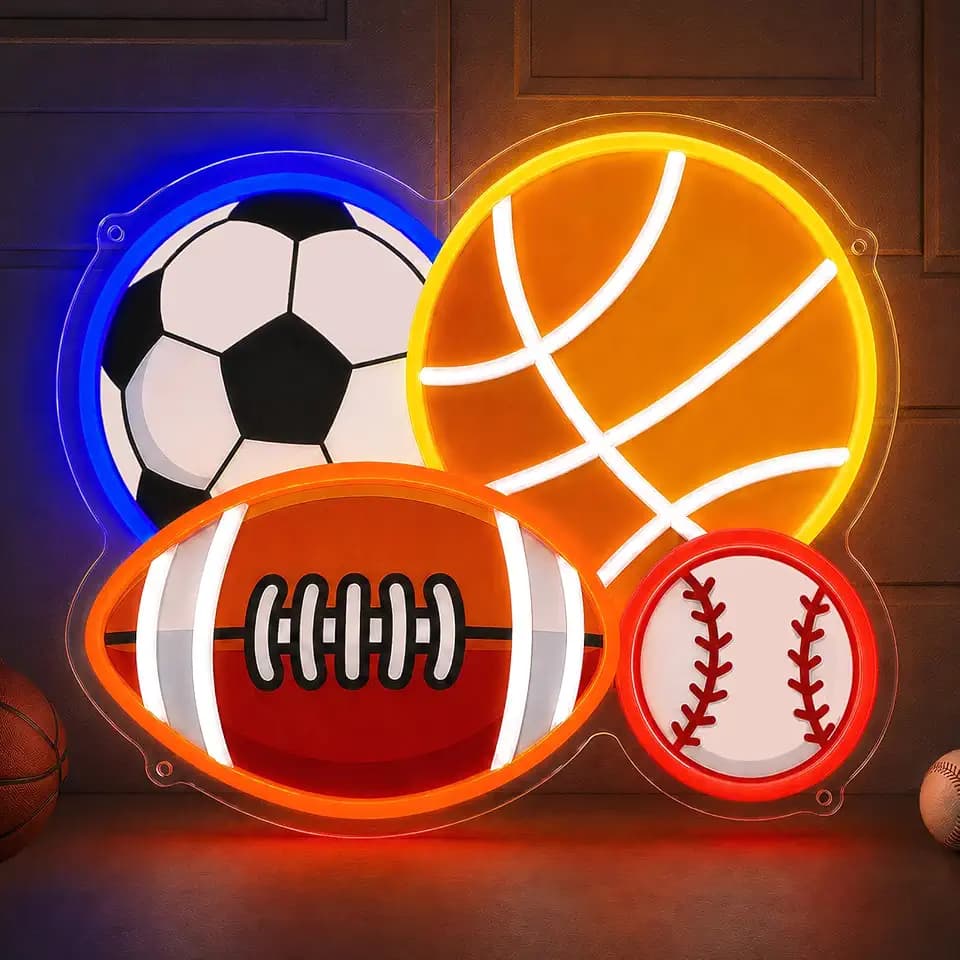 4 Ball Sport Neon Sign, Soccer Basketball Baseball Football Neon LED Light Wall Decor with Printed Design, Sports Themed for Boy's Bedroom Playroom Man Cave Home College Club Birthday Party Decor