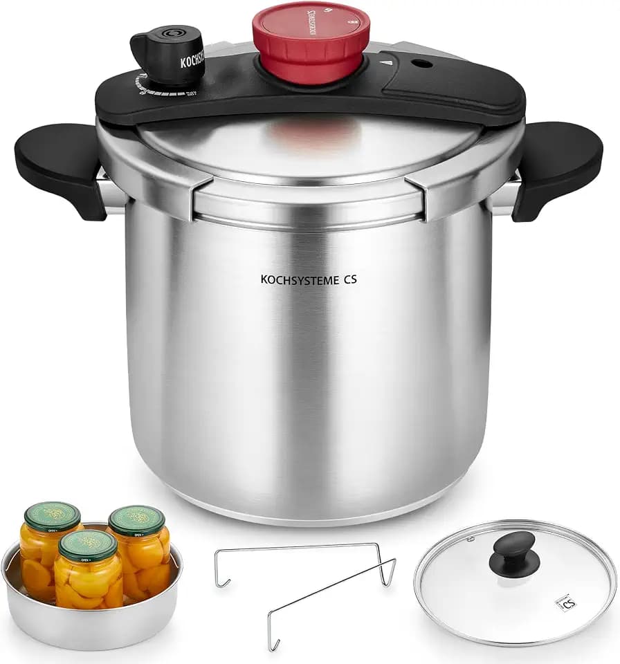 KOCH SYSTEME CS Stainless Steel Pressure Cooker 8.5 Quart, 3-in-1 Olla de Presion, Easy One-Hand Lock, 18/10 Stainless Steel, Stovetop Presssure Cooker, Induction Compatible, with Glass Lid & Steamer