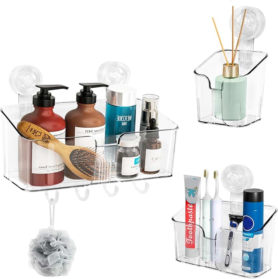 HYBRIDEAS Clear Shower Caddy Suction Cup Shelf Organizer with Hooks Removable Shower Basket Light Luxury Style Punch-Free Dorm Wall Storage Rack for Kitchen Bathroom Set of 3