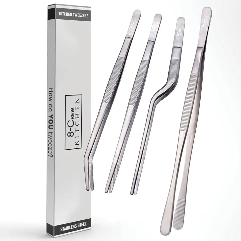 8-CREW KITCHEN Chef Tweezers - 3 Stainless Steel 8” Culinary Tweezers for Plating, Bar and Multi-Purpose with a 10” 304 S/S Tweezer for Cooking