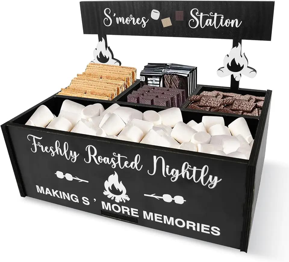 S'mores Bar Station Wooden S'mores Caddy Holder for Counter 4 Compartment Farmhouse Smores Maker Box Serving Tray Smores Accessories Organizer for Kitchen Camping Decor