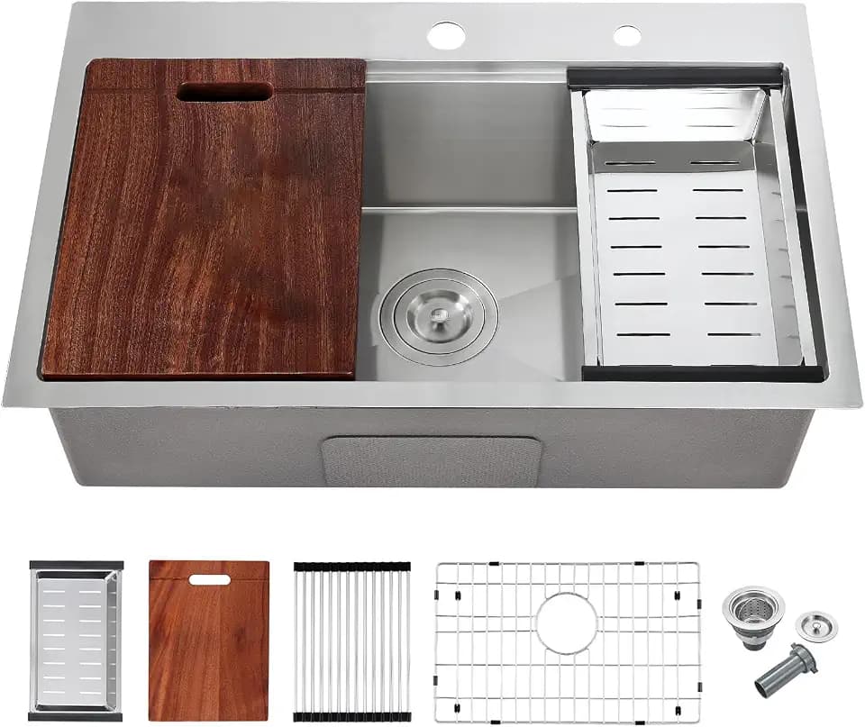 POPFLY 30 x 20 Inch Kitchen Sink, 30 Inch Drop in Workstation Sink