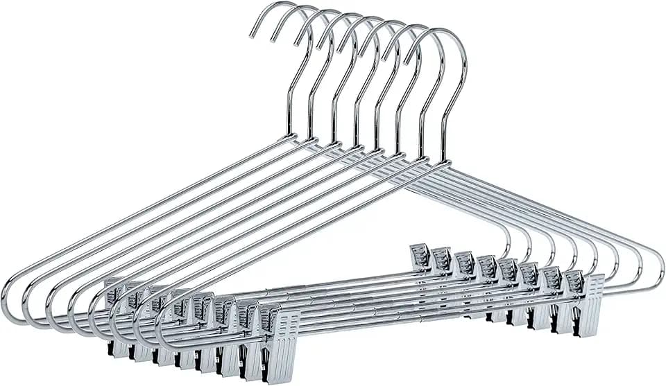 Quality Metal Pant/Skirt Blouse Hanger 10-Pack, Heavy-Duty Skirt Hangers with Clips, Adjustable Clip Pants Hanger, Chrome (Chrome, 10)