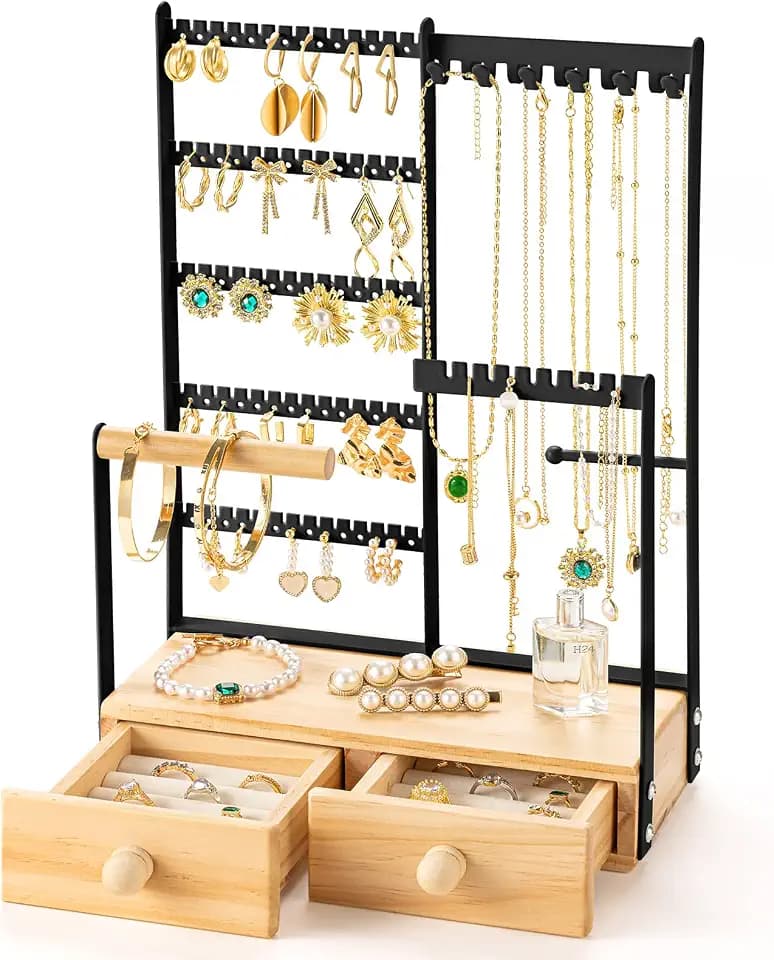 DreamGenius Jewelry Organizer Stand with 2 Ring Holder Drawers, Black