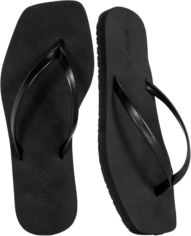 Womens Slim Leather Comfortable Flip Flops Summer Square Toe Sandals