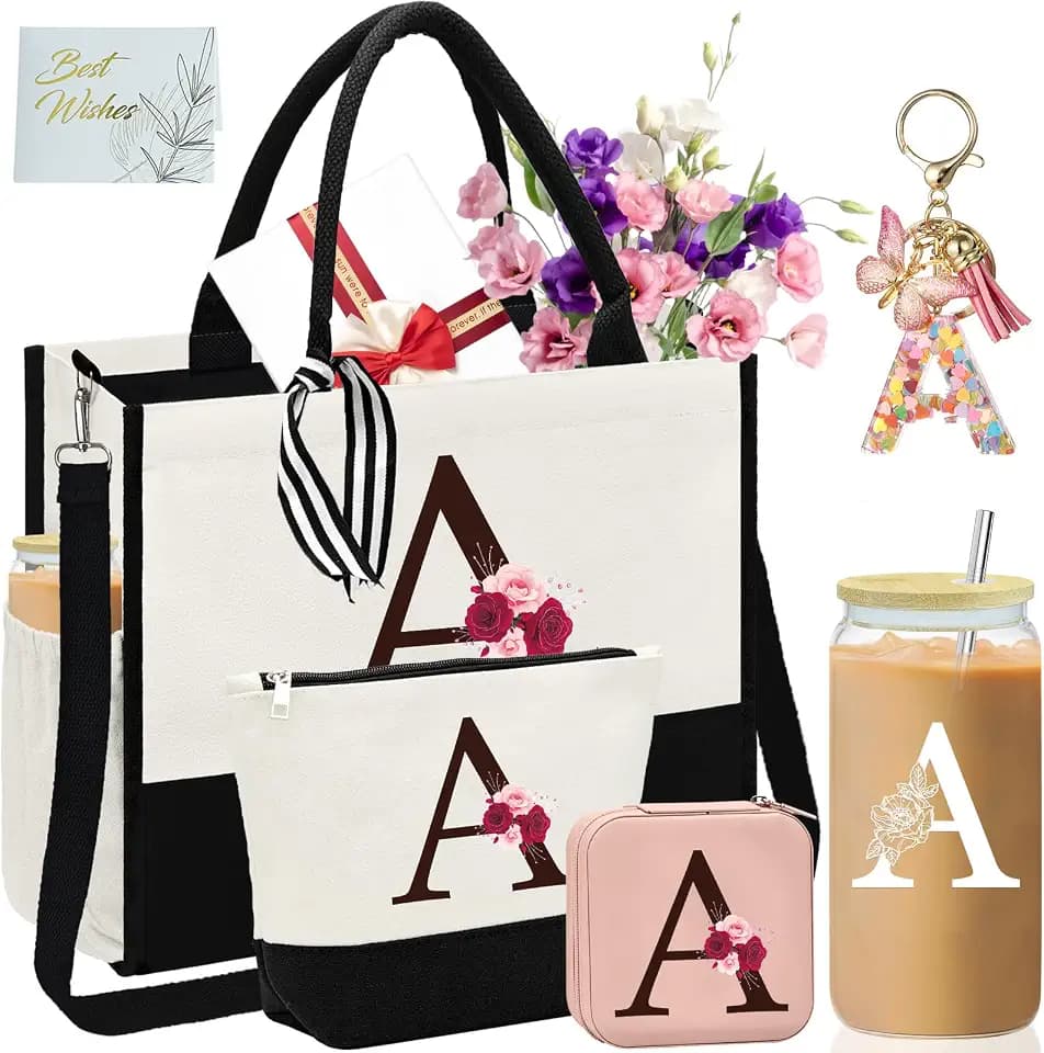 Birthday Gifts for Women,Initial Canvas Tote Bag with Inner Pocket