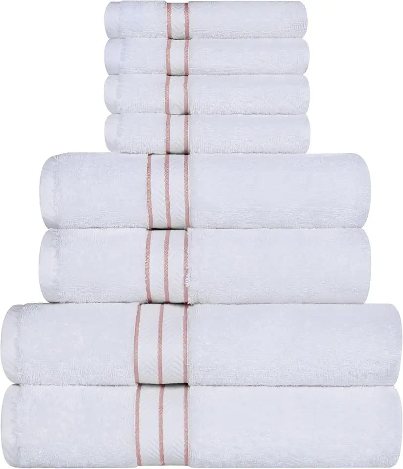 SUPERIOR Hotel Turkish Cotton 8 Piece Towel Set, Ultra Plush Spa Quality Heavyweight Essentials for Bathroom, Thick Absorbent and Soft, Dobby Border, Includes 2 Bath 2 Hand 4 Washcloths, Tea Rose
