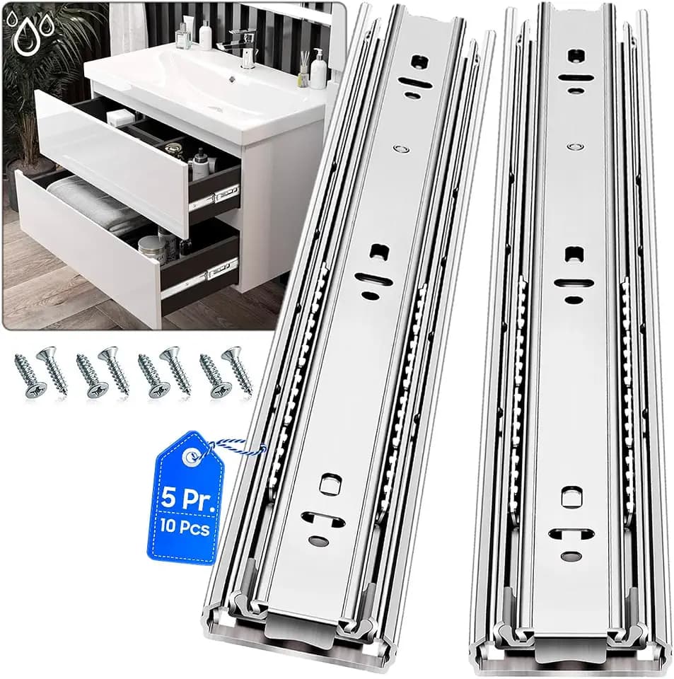 Stainless Steel Drawer Slides Ball Bearing 3 Folds Full Extension Side Mount Cabinet Runners Glides Rails Track 100 Lbs Load 10 12 14 16 18 20 22 24 Inch (Silver-Stainless Steel- 5Prs,18inch)