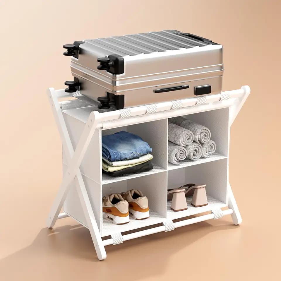White Bamboo Luggage Rack with 4 Storage Compartments, Foldable Suitcase Stand, Luggage Rack for Guest Room, 150lbs Capacity, Sturdy