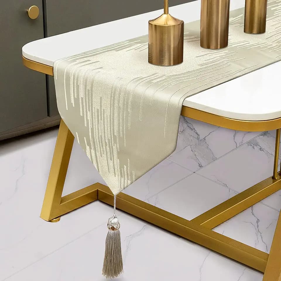 Luxury Beige Table Runner 120 Inches Long, Modern Geometric, Elegant Tassel