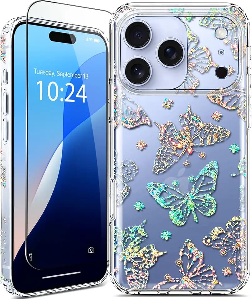 Iridescent Clear Glitter for iPhone 17 Pro Max Case with Screen Protector, Cute Cover for Girls Women, Slim Shockproof 10FT Drop Protection for iPhone 17 ProMax Sparkle Crystal Butterfly Bling