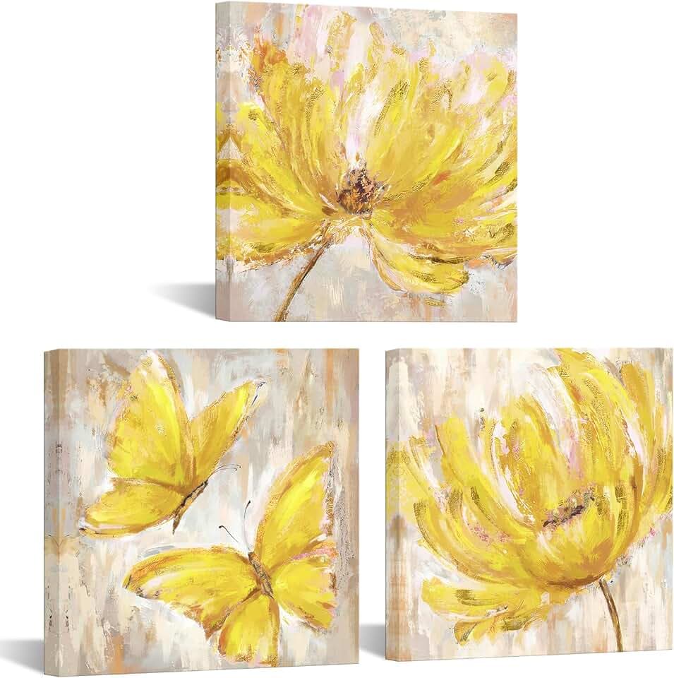 iKNOW FOTO 3 Pieces Yellow Flower and Butterfly Canvas Prints Floral Oil Painting Gold Wall Art for Bathroom Bedroom Ready to Hang Each Size 12x12 Inches (Yellow)