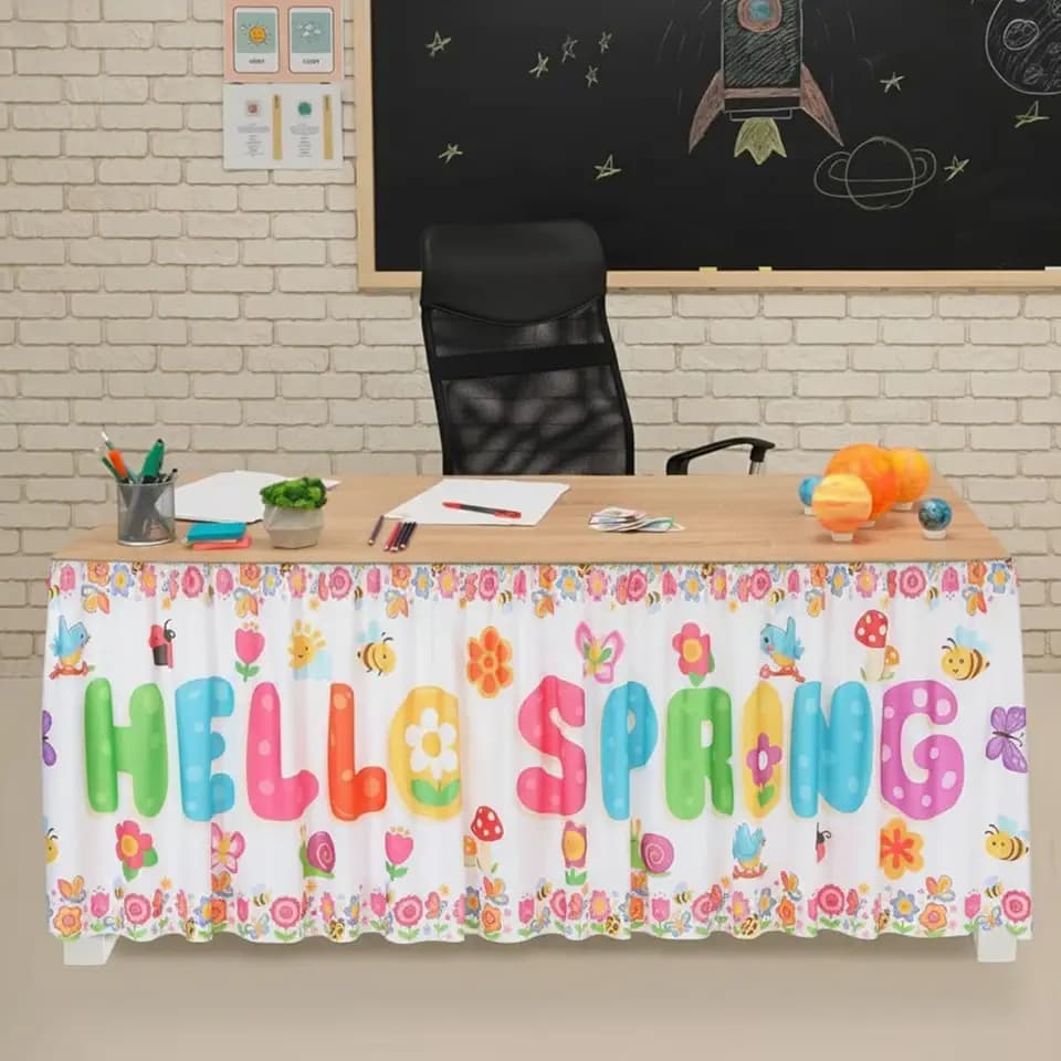 29 in x 9ft April Decorations Classroom Table Skirts for Teacher Desk Hello Spring Rectangular Tablecloth Skirt Desk Skirt for Teacher Classroom Decorations School Theme Party Supplies