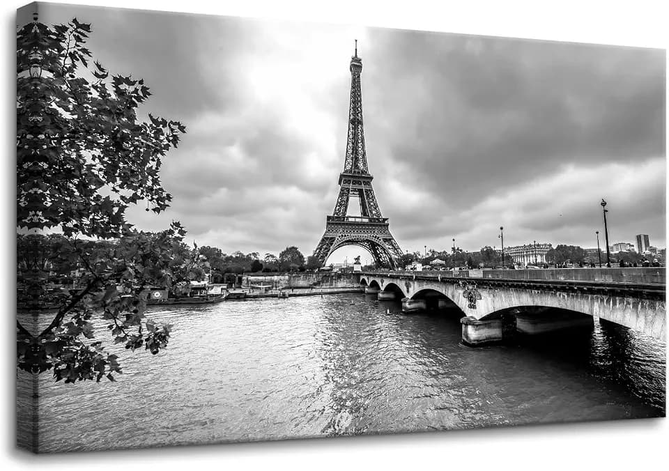 Pacimo Black and White Canvas Wall Art Decor Paris Eiffel Tower from Seine Pictures Painting for Home Decor France Cityscape Framed Gallery Wrapped Posters Prints for Living Room Bedroom 16"x24"