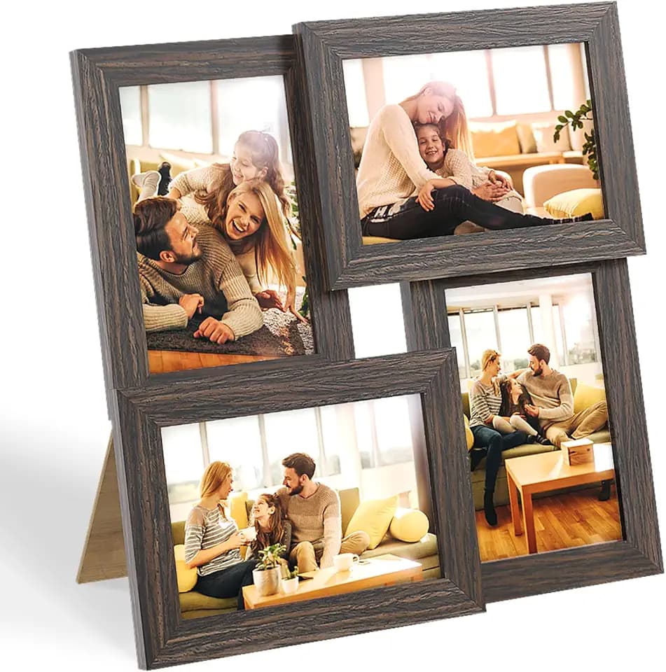 Egofine 4x6 Family Picture Frame Collage, for 4x6 pictures Covered by Plexiglass for Wall Hanging and Tabletop, 4-opening Dimensional Picture Frame for Home Deor, Rustic Brown
