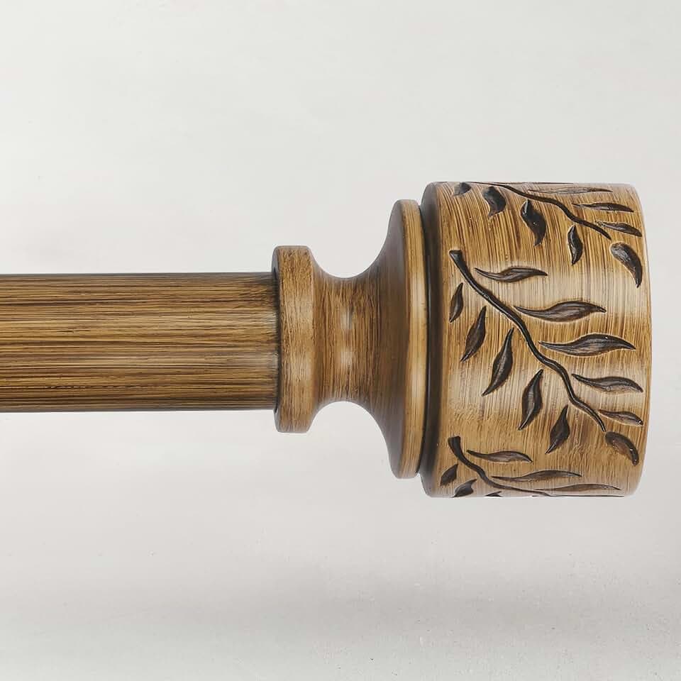 Boho Wood Curtain Rods for Windows 28 to 48 Inch, 1" Adjustable Heavy Duty Curtain Rod with Imitation Wooden Grain Leaf Pattern Finials, Rustic Decorative Drapery Rods, Size 32"-60", Dark Wood