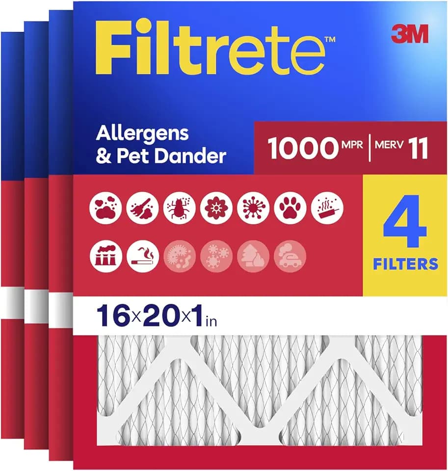 Filtrete 16x20x1 Air Filter, MERV 11, MPR 1000, Allergens & Pet Dander, 3-Month AC and Furnace Filters, Cleaner Air, Reliable Airflow, 4 HVAC Filters (Actual Size 15.68 x 19.68 x 0.81 in)